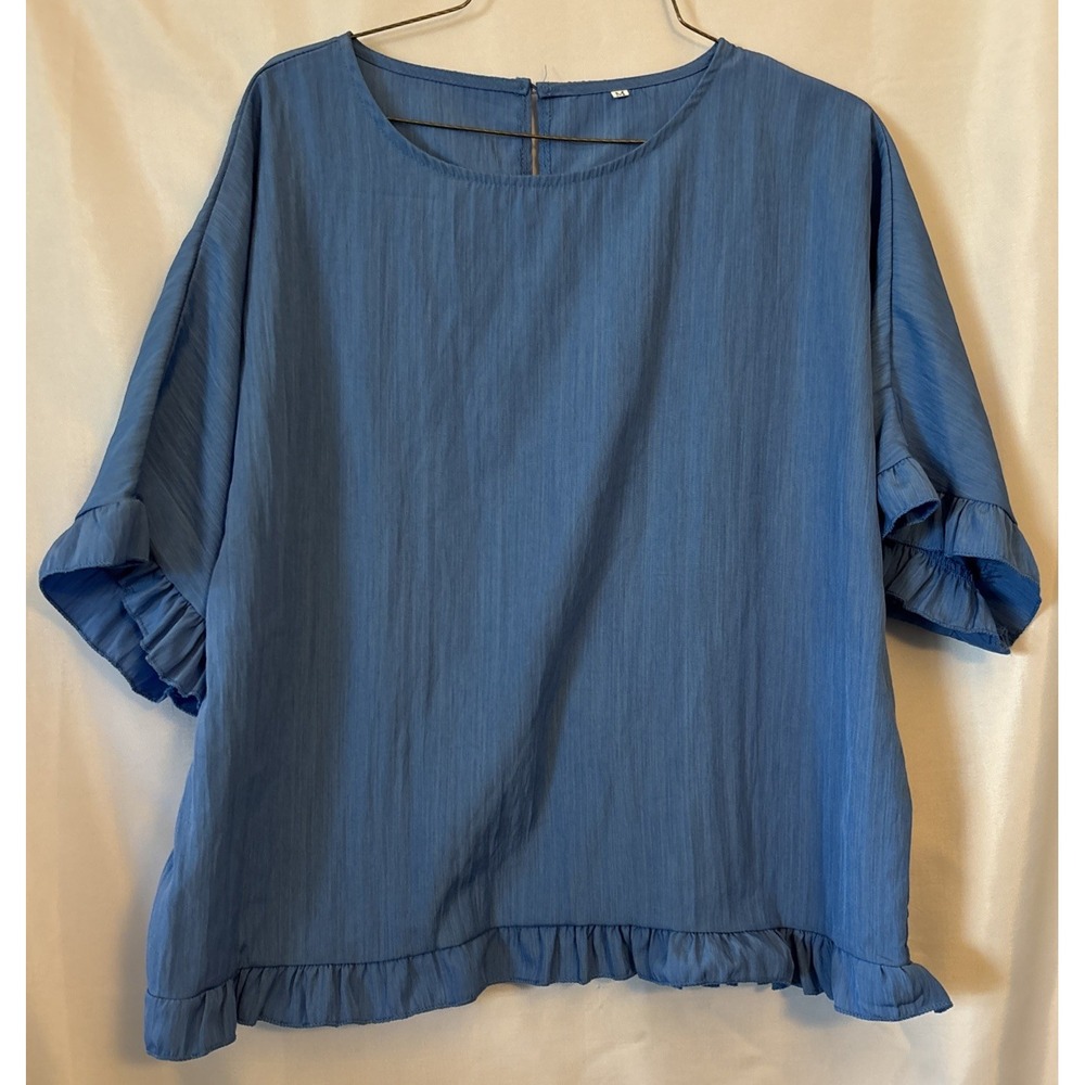 Women's Blue Blouse size M Ruffle Sleeves And Hem Minimalist Career